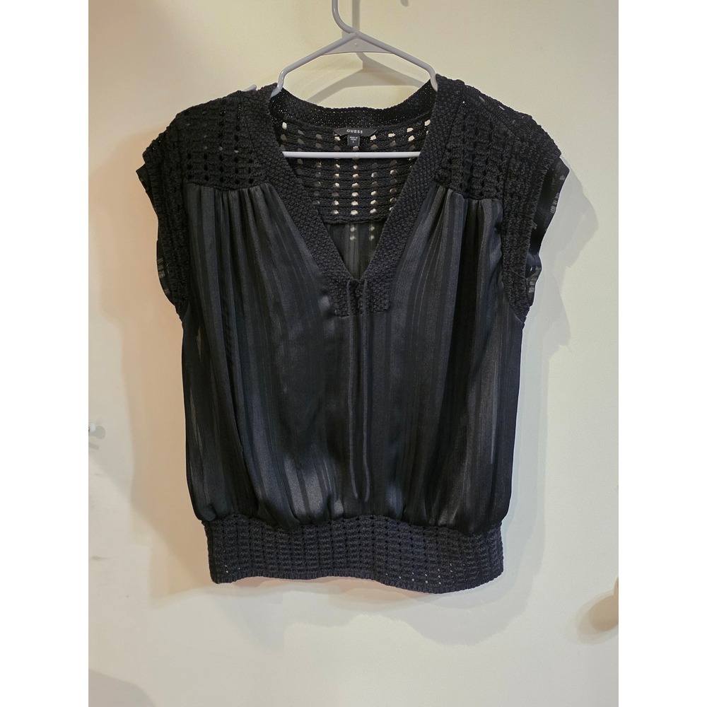 Guess Womens Black Crochet Trim Pleated V-Neck Sleeveless Blouse W51H11TCH10 L